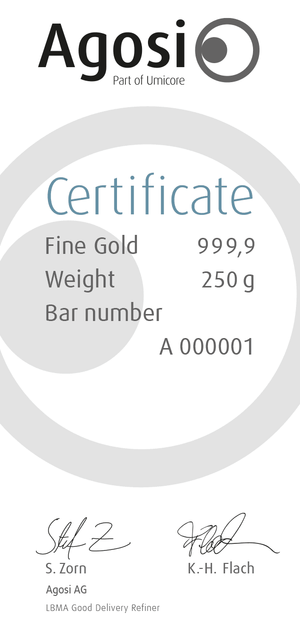 AGOSI Goldbarren 250 g (gegossen)
