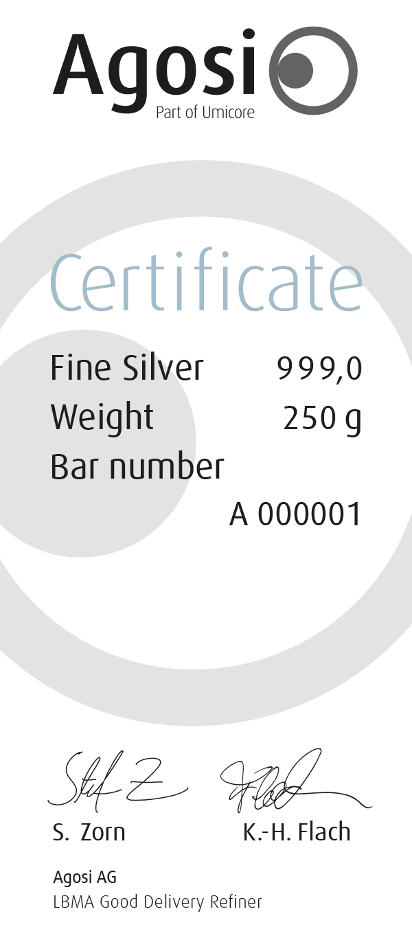 AGOSI Silberbarren 250 g (gegossen)