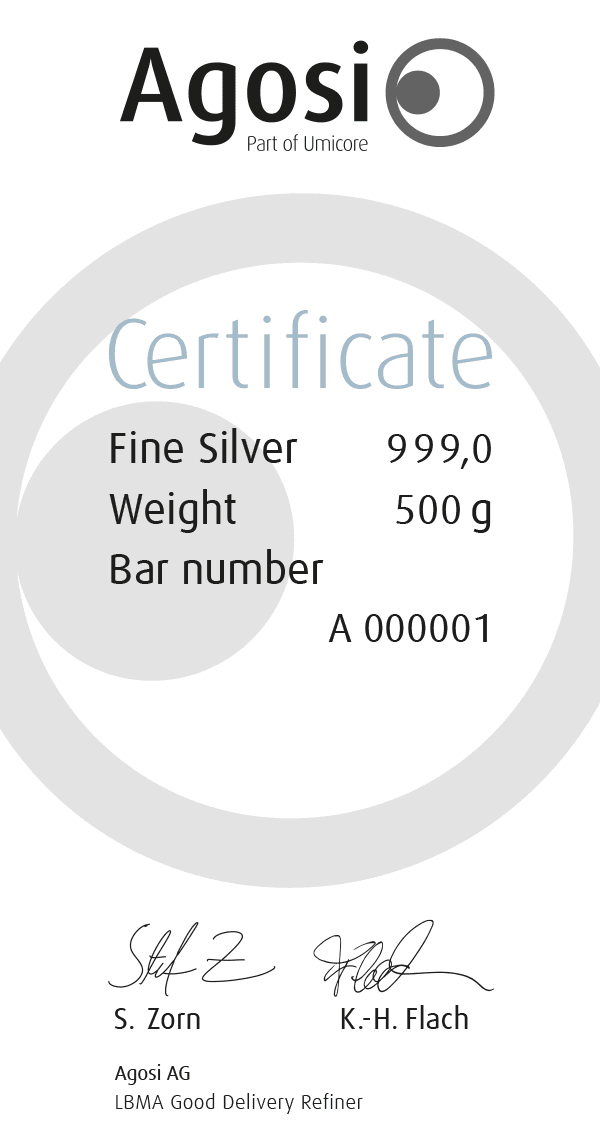 AGOSI Silberbarren 500 g (gegossen)